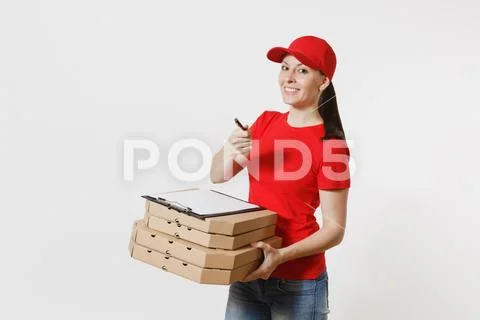 Delivery woman in red cap, t-shirt giving food order italian pizza in cardboard Stock Photos