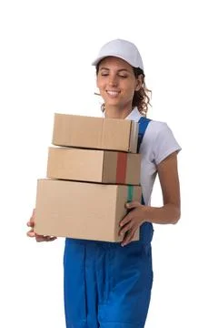 Delivery woman with stack of boxes Stockfoto's