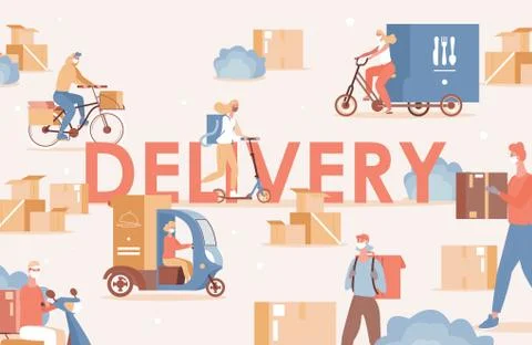 Delivery word vector flat poster design. People in medical face masks deliver Stock Illustration