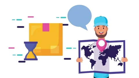 Delivery worker animated character with speech bubble and box parcel world .. Stock Footage 339207300