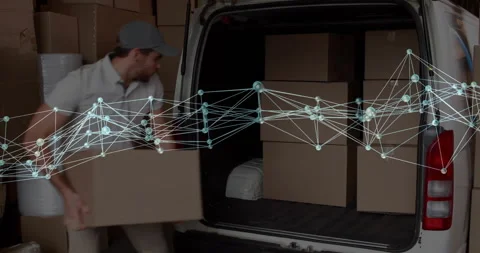 Delivery worker arriving van unloading and wrapping boxes for shipment smiling Stock Footage 310325778