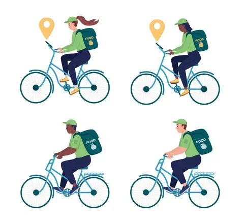 Delivery worker on bicycle semi flat color vector character set Stock Illustration