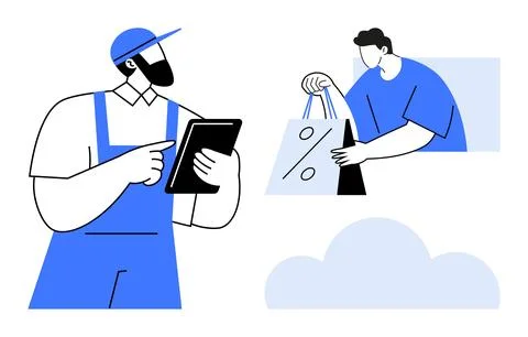Delivery worker in blue uniform using tablet, customer receiving shopping bag Stock Illustration