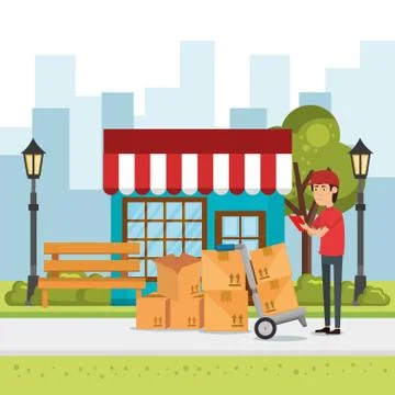 Delivery worker with cart boxes character Stockillustratie