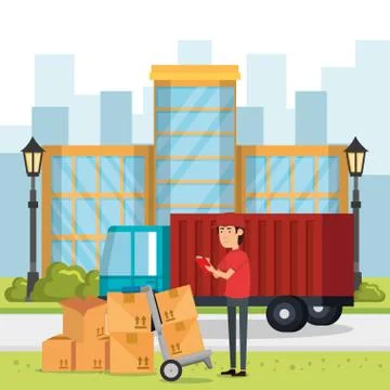 Delivery worker with cart boxes character Stockillustratie