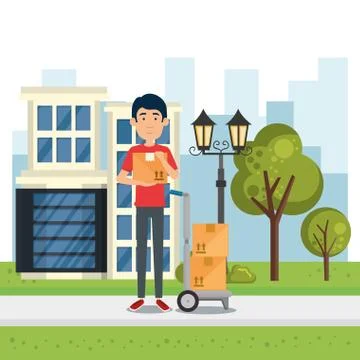 Delivery worker with cart boxes character Stockillustratie