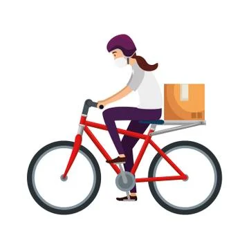 Delivery worker female using face mask in bike Illustrazione stock