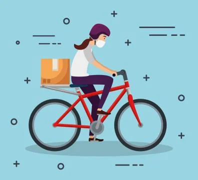 Delivery worker female using face mask in bike Illustrazione stock