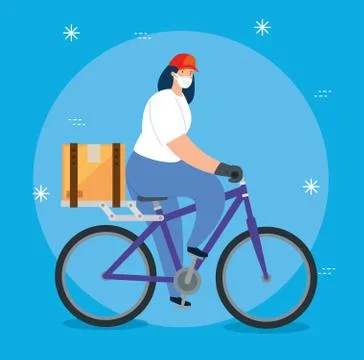 Delivery worker female using face mask in bike イラスト素材