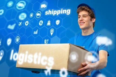 Delivery worker handles package with logistics icons in bright background at a Stock Photos