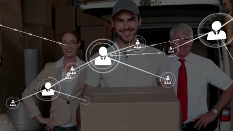 Delivery worker holding box while user icon appearing and expanding network over Stock Footage 330508716