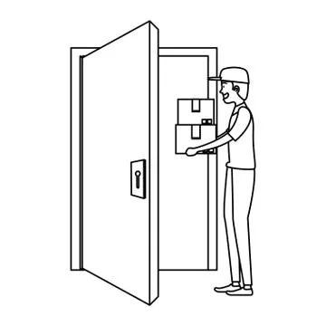 Delivery worker lifting boxes with house door Stock Illustration