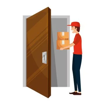 Delivery worker lifting boxes with house door Stock Illustration
