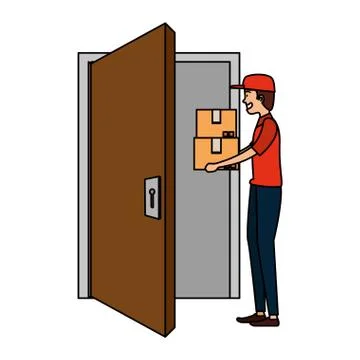 Delivery worker lifting boxes with house door Stock Illustration