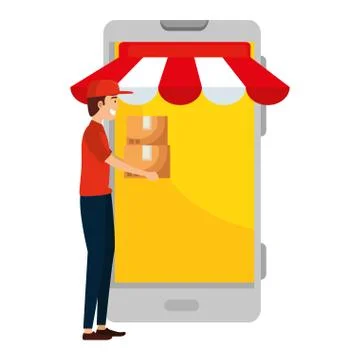 Delivery worker lifting boxes with smartphone Illustrazione stock