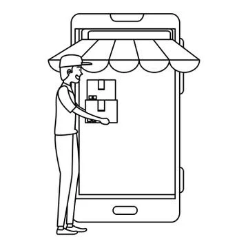 Delivery worker lifting boxes with smartphone Stock Illustration