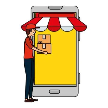 Delivery worker lifting boxes with smartphone Illustrazione stock