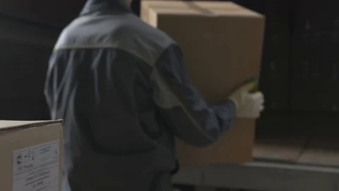 Delivery worker loads cardboard boxes into cargo vehicle in storage warehouse Stock Footage