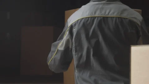 Delivery worker loads cardboard boxes into cargo vehicle in storage warehouse Vídeos de archivo 93355730