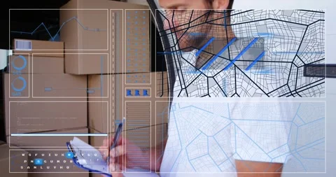 Delivery worker opening van door, verifying parcels while HUD map over clipboard Stock Footage 320915980