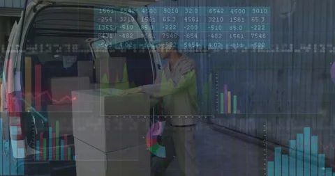 Delivery worker opening van doors and unloading boxes into neat stack on Stock Footage 313094512