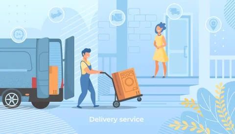 Delivery Worker Push Trolley with Washing Machine Stock Illustration