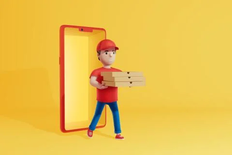 Delivery worker in red uniform doing job of online food order. Illustrazione stock