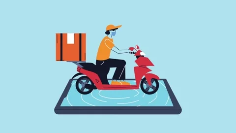 Delivery worker riding scooter on digital tablet screen for online shopping.. Stock Footage 338312579