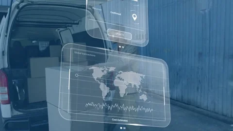 Delivery worker stacking boxes by van, AR panels showing map, chat asking number Video stock 332731767