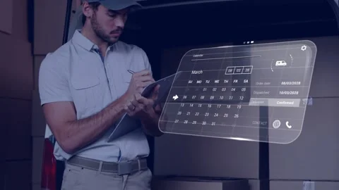 Delivery worker tapping tablet in van and causing holo calendar to appear while Stock Footage 330509252