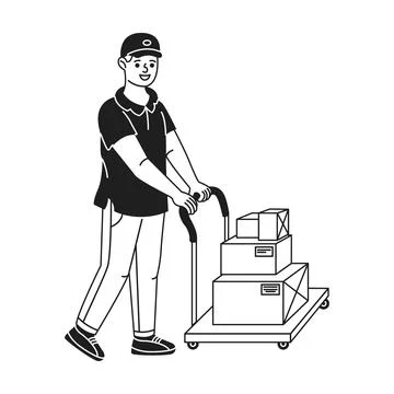 Delivery Worker Transporting Boxes with Trolley Stock Illustration