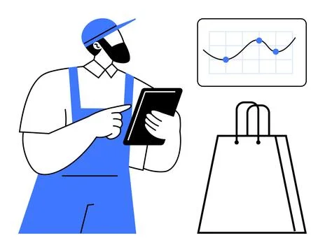 Delivery worker in uniform using tablet with shopping bag and analytics chart Illustrazione stock