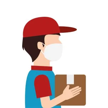 Delivery worker using face mask with box carton Illustrazione stock