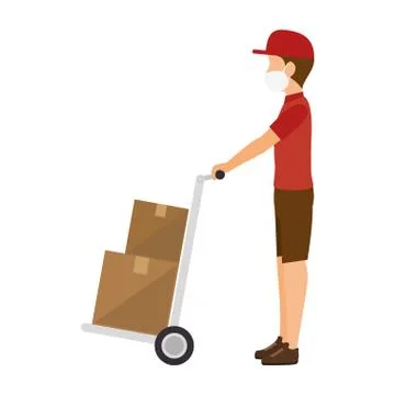 Delivery worker using face mask with boxes carton in wheelbarrow Illustrazione stock