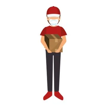 Delivery worker using face mask with box carton Illustrazione stock