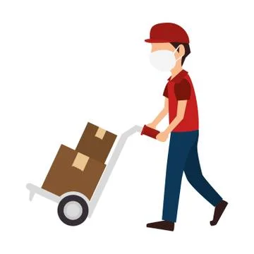 Delivery worker using face mask with boxes carton in wheelbarrow Illustrazione stock