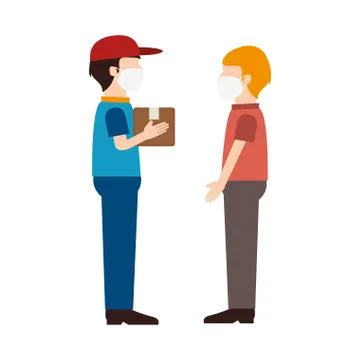 Delivery worker using face mask giving box package Illustrazione stock