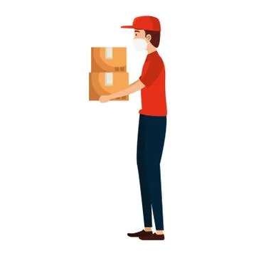 Delivery worker using face mask with boxes carton イラスト素材