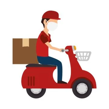 Delivery worker using face mask in motorcycle with box Illustrazione stock