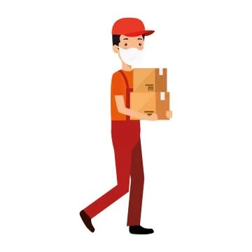 Delivery worker using face mask with boxes carton Illustrazione stock