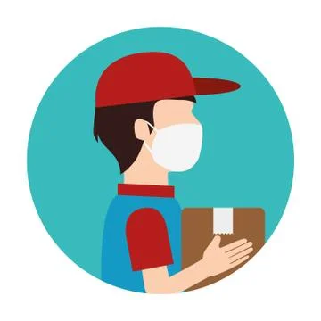 Delivery worker using face mask with box carton Illustrazione stock