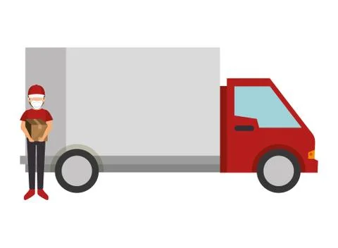 Delivery worker using face mask with truck transportation Illustrazione stock