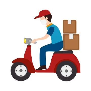 Delivery worker using face mask in motorcycle with boxes carton Illustrazione stock