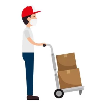 Delivery worker using face mask with boxes carton in wheelbarrow Stockillustratie