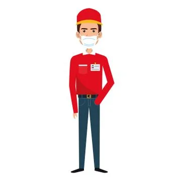 Delivery worker using face mask isolated icon Illustrazione stock