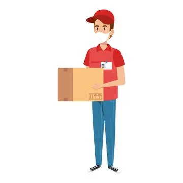 Delivery worker using face mask with box carton イラスト素材