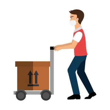 Delivery worker using face mask with box carton in wheelbarrow Stock Illustration