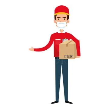 Delivery worker using face mask with box carton Illustrazione stock