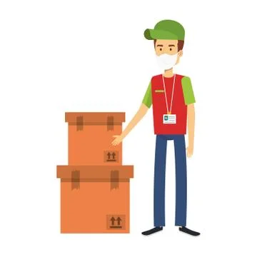 Delivery worker using face mask with boxes carton イラスト素材
