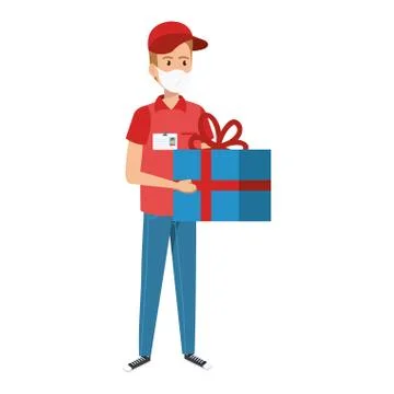 Delivery worker using face mask and gift box Illustrazione stock